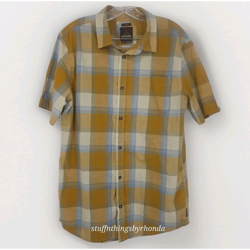 PrAna Benton Men's Medium Tall Short-Sleeve Button-up‎ Shirt Yellow & Blue Plaid